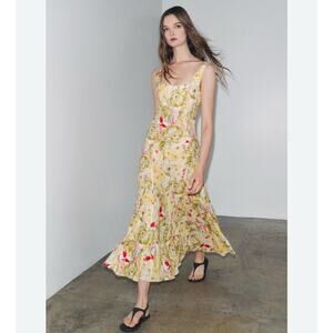 Zara Floral Yellow Linen Maxi Dress Sz M Cottagecore Fairy Boho Preppy Milkmaid